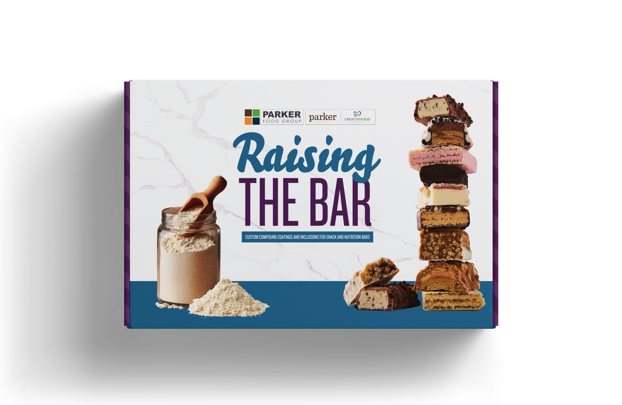 Packaging for a product called 'Raising the Bar,' featuring images of various stacked chocolate and Nut-based bars and a jar of powder with a scoop.