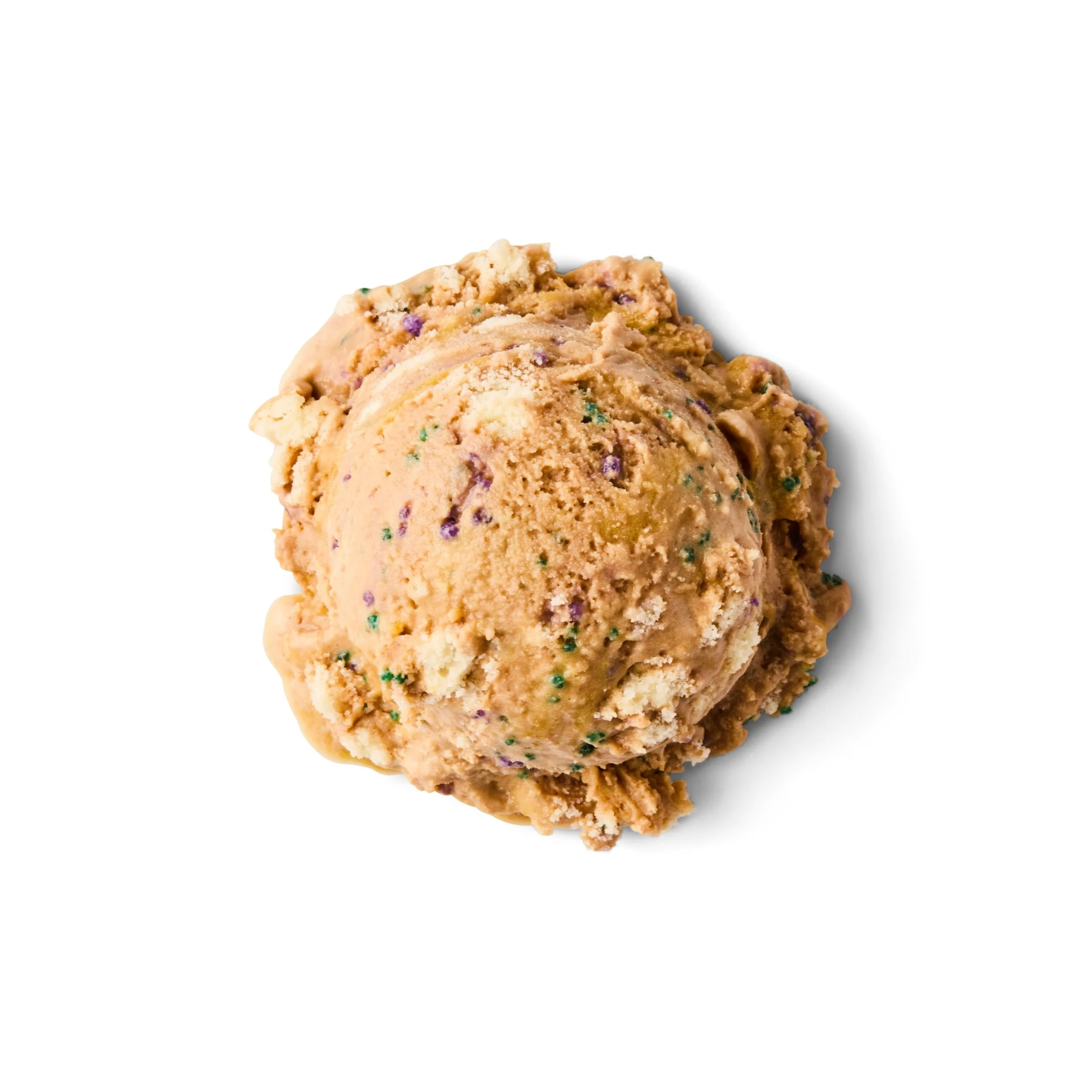 Close-up of a single scoop of ice cream with colorful Mardi Gras Madness sprinkles.