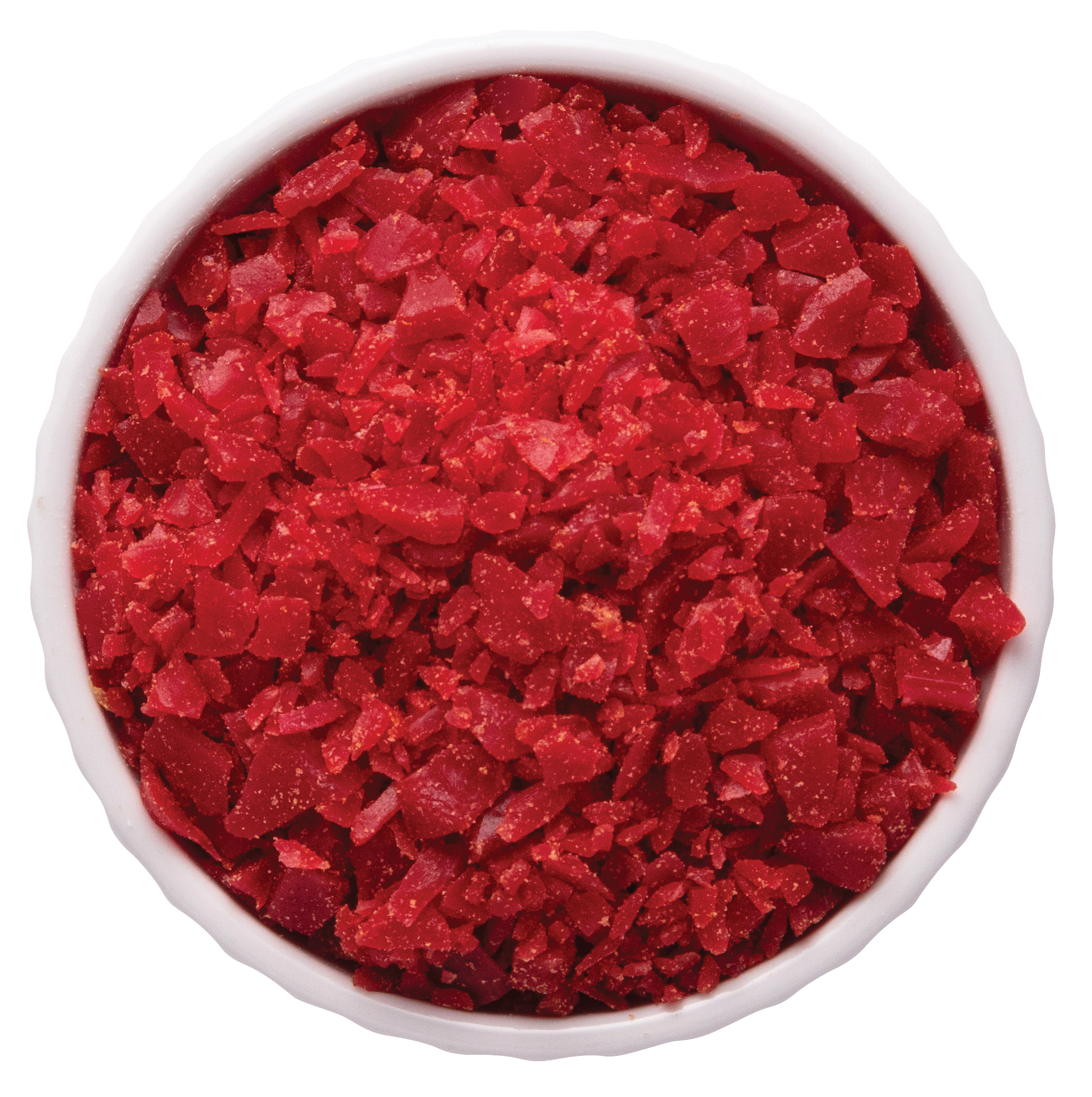 Close-up of red dry crushed seasoning or spice in a white bowl, isolated on black background.