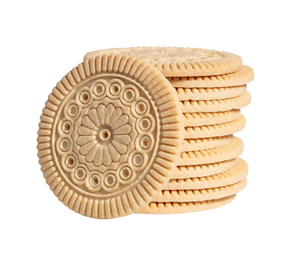 Stack of rotary molded cookies with a decorative floral pattern on the top.