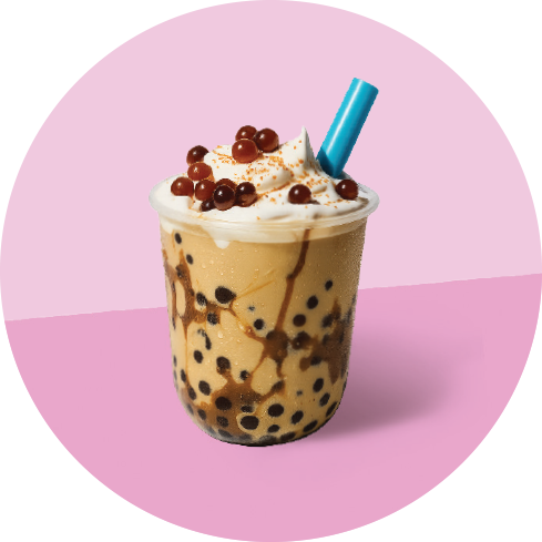 Bubble tea with tapioca pearls, whipped cream, and brown sugar syrup in a plastic cup with a blue straw on a pink background.