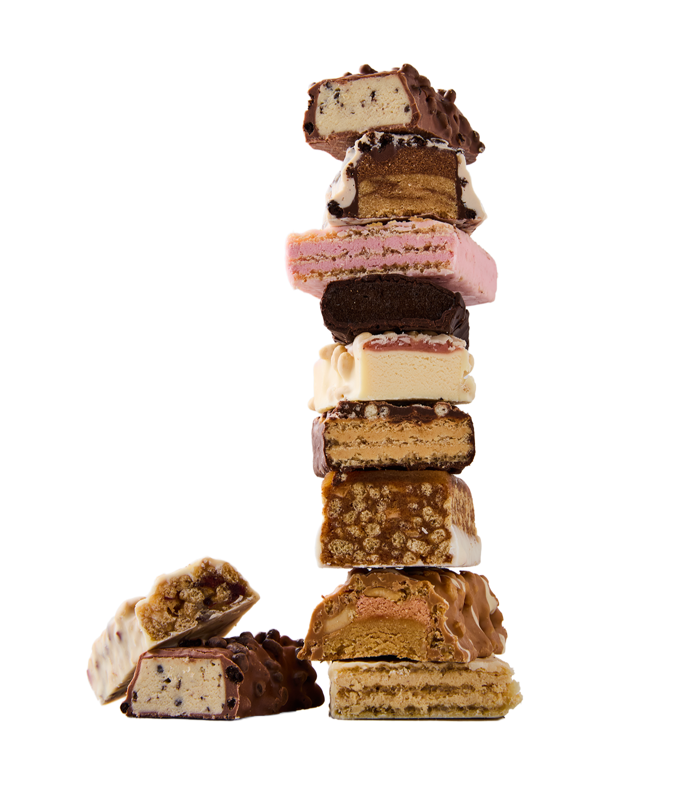 Stacked assorted cookie and dessert pieces, including chocolaty bars, cookies with icing, and cookie dough bites.