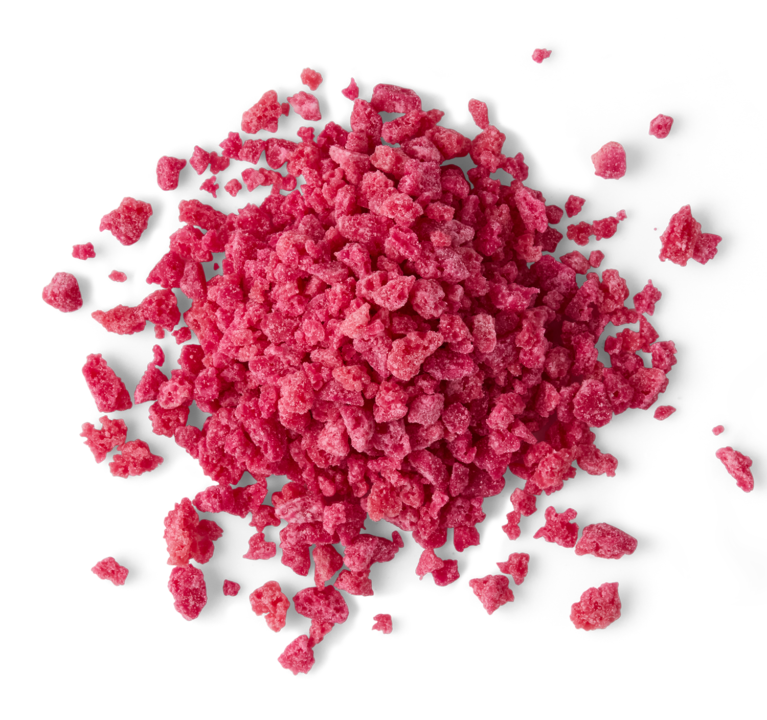 Close-up of a cluster of pink, granular, crumbly substance on black background.