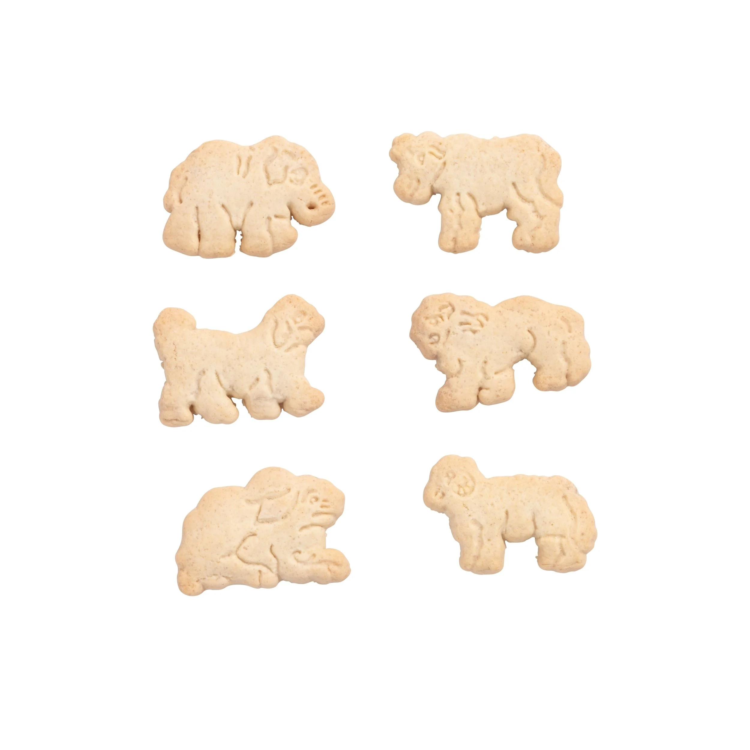 Six animal-shaped cookies with elephant and lion designs on a white background.
