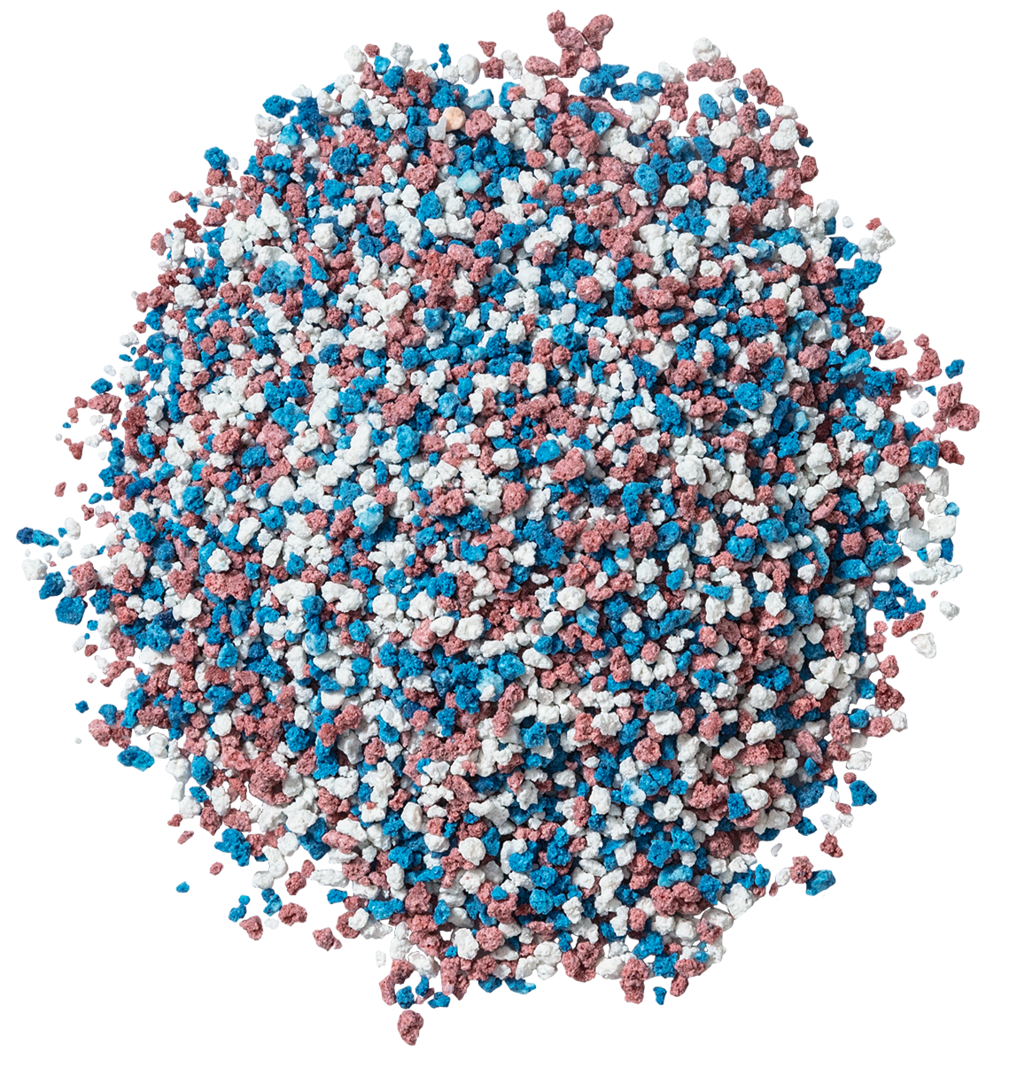 A close-up view of a virus particle with surface proteins in blue, white, and pink colors.