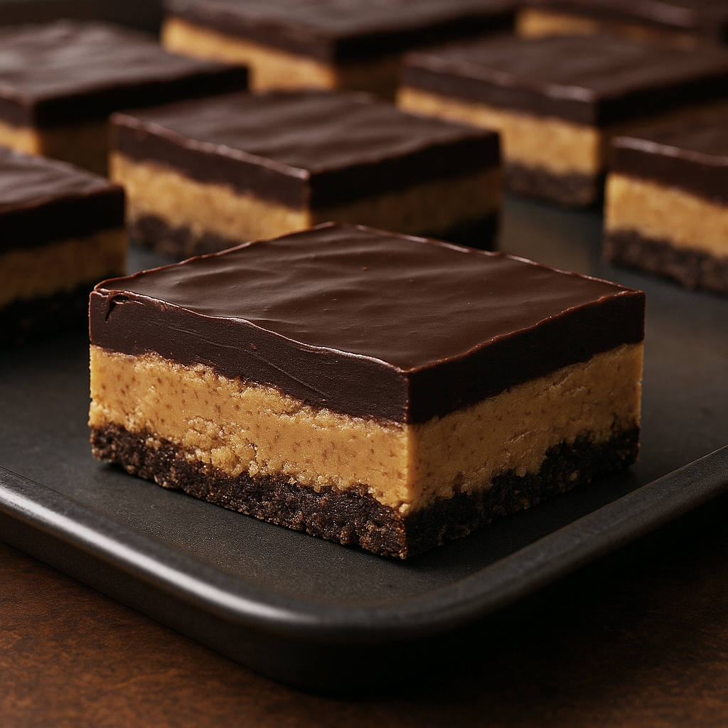 Close-up of a layered chocolate and peanut butter bar with a glossy chocolate top, placed on a black tray.