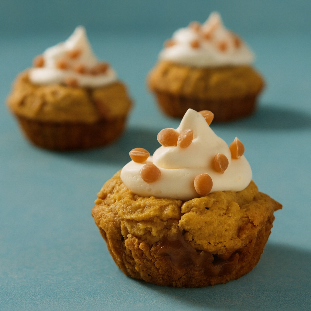 Three cupcakes with white frosting and caramel topping on a light blue background.
