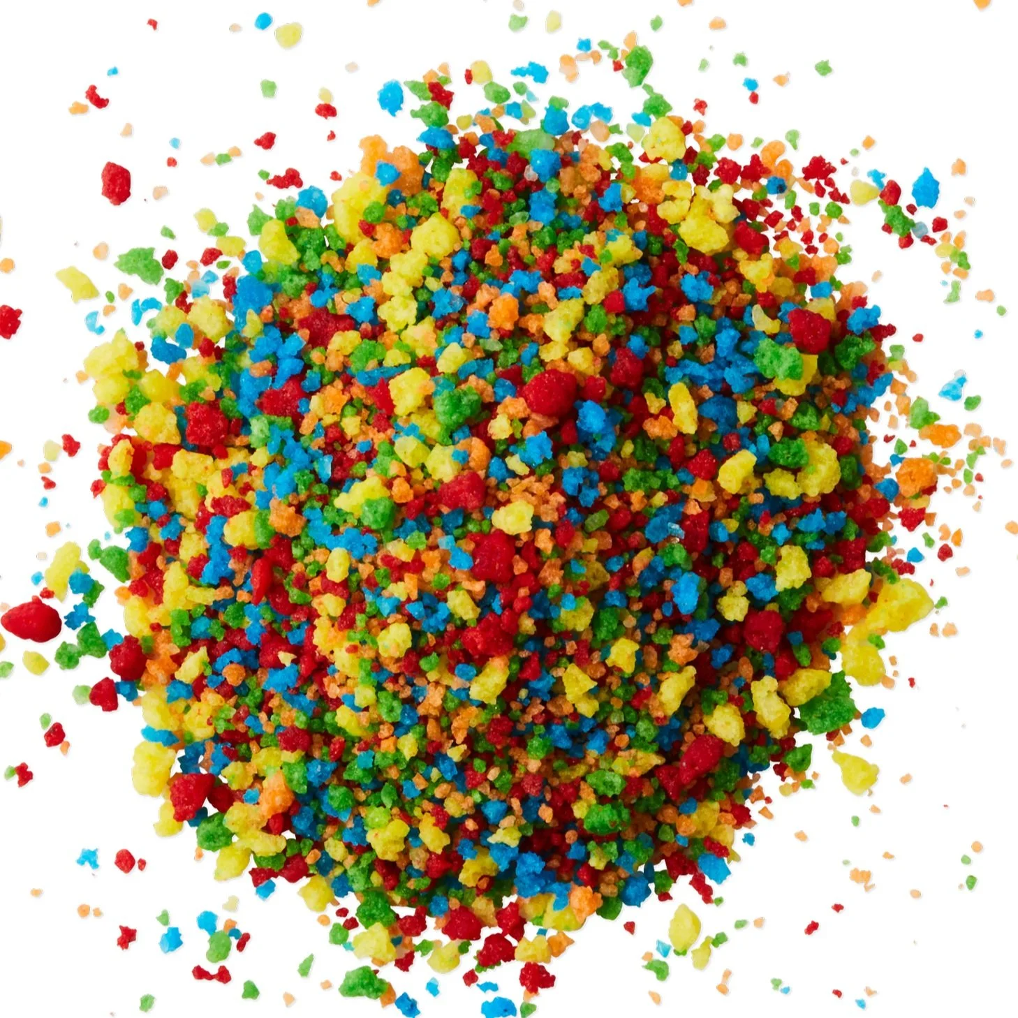 Colorful rainbow sprinkles scattered on a white background.