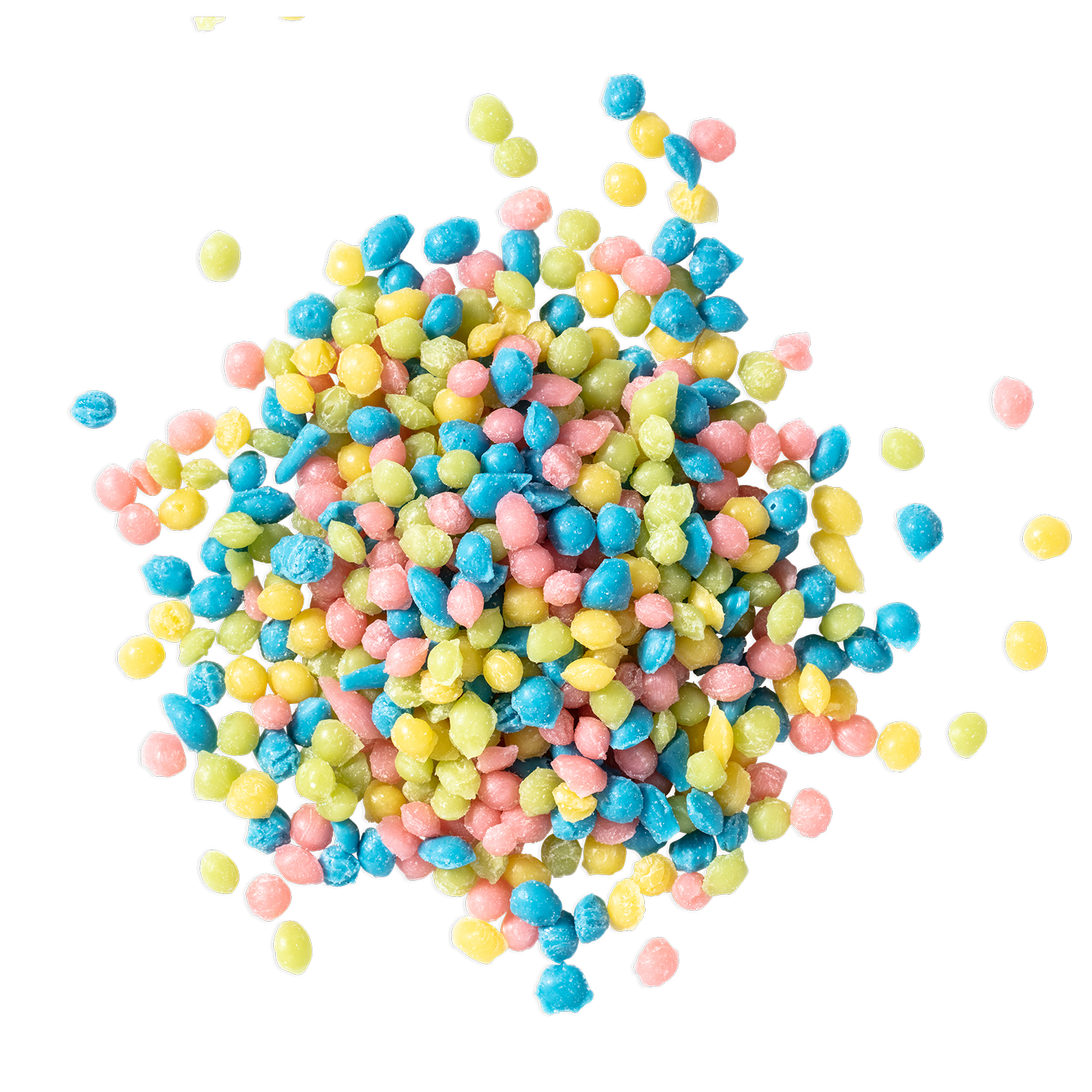 Colorful sugar sprinkles in pink, blue, yellow, and green on a black background.