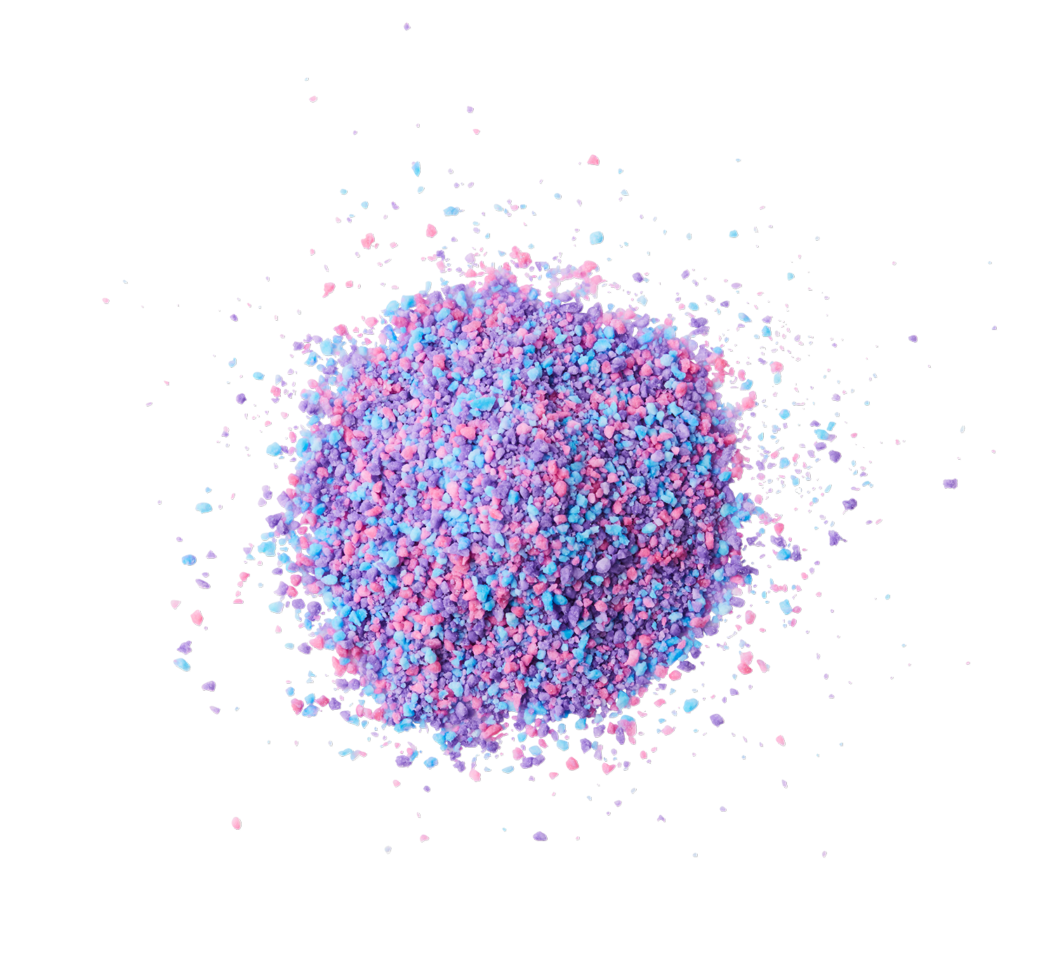 Colorful sprinkles in purple, pink, and blue piled into a round shape.