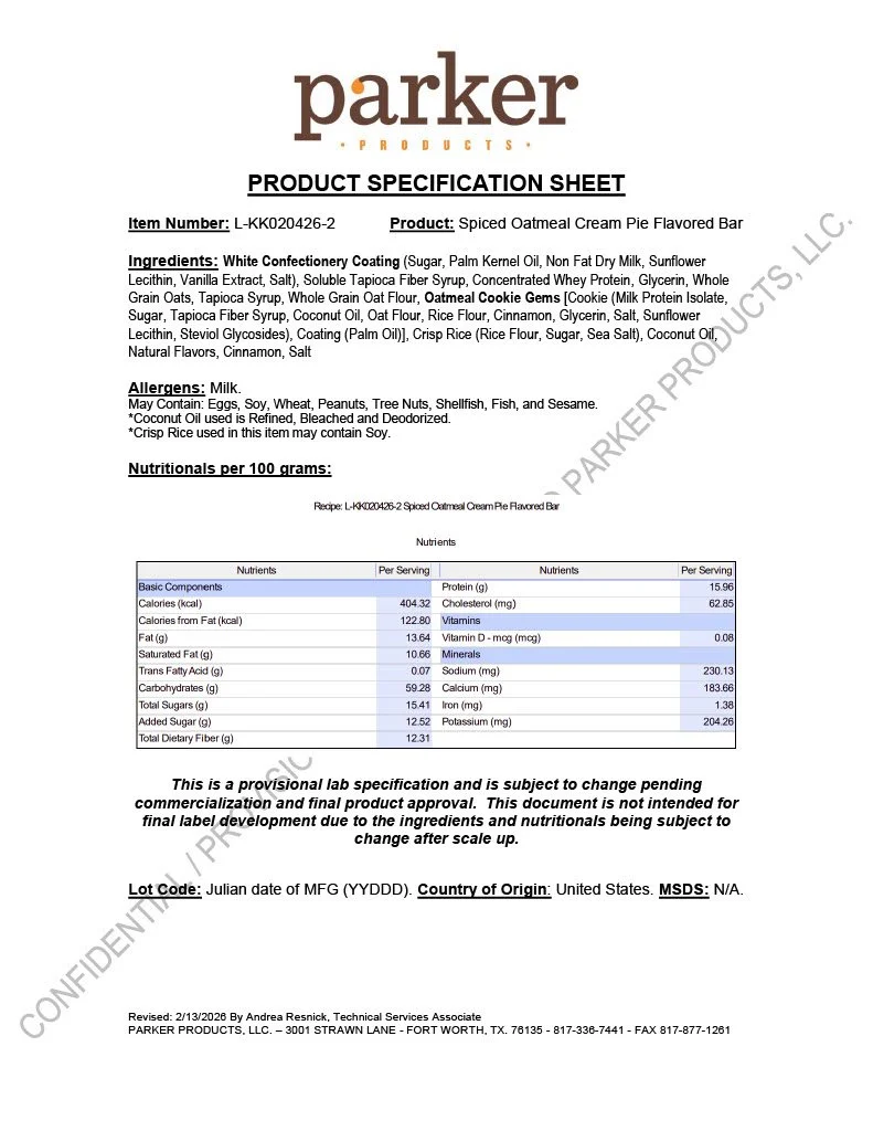 Product specification sheet for Parker Products' spiced oatmeal cream pie flavored bar, including ingredients, allergens, and nutritional information.