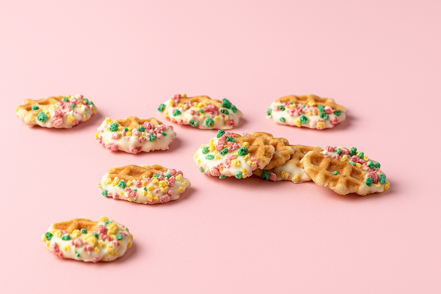Cookies with white icing and colorful sprinkles scattered on a pink background.