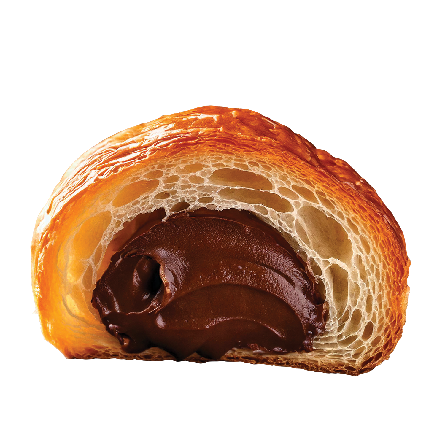 Cross-section of a cream-filled pastry with a chocolate filling inside.