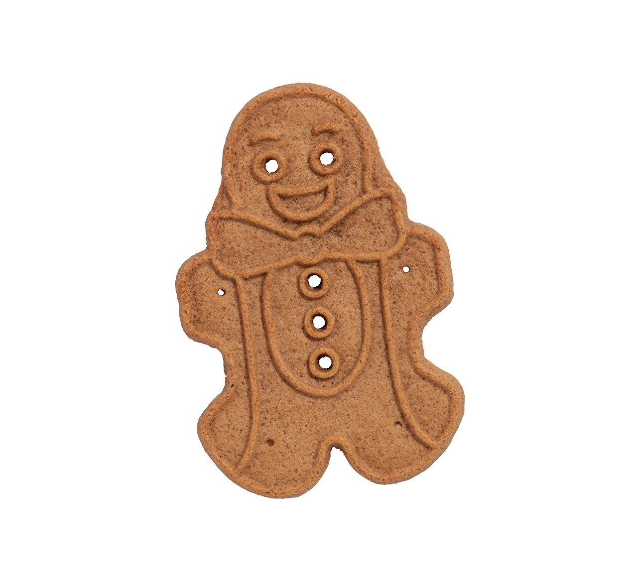 Gingerbread cookie shaped like a person with a smiling face and crossed arms, decorated with icing details.