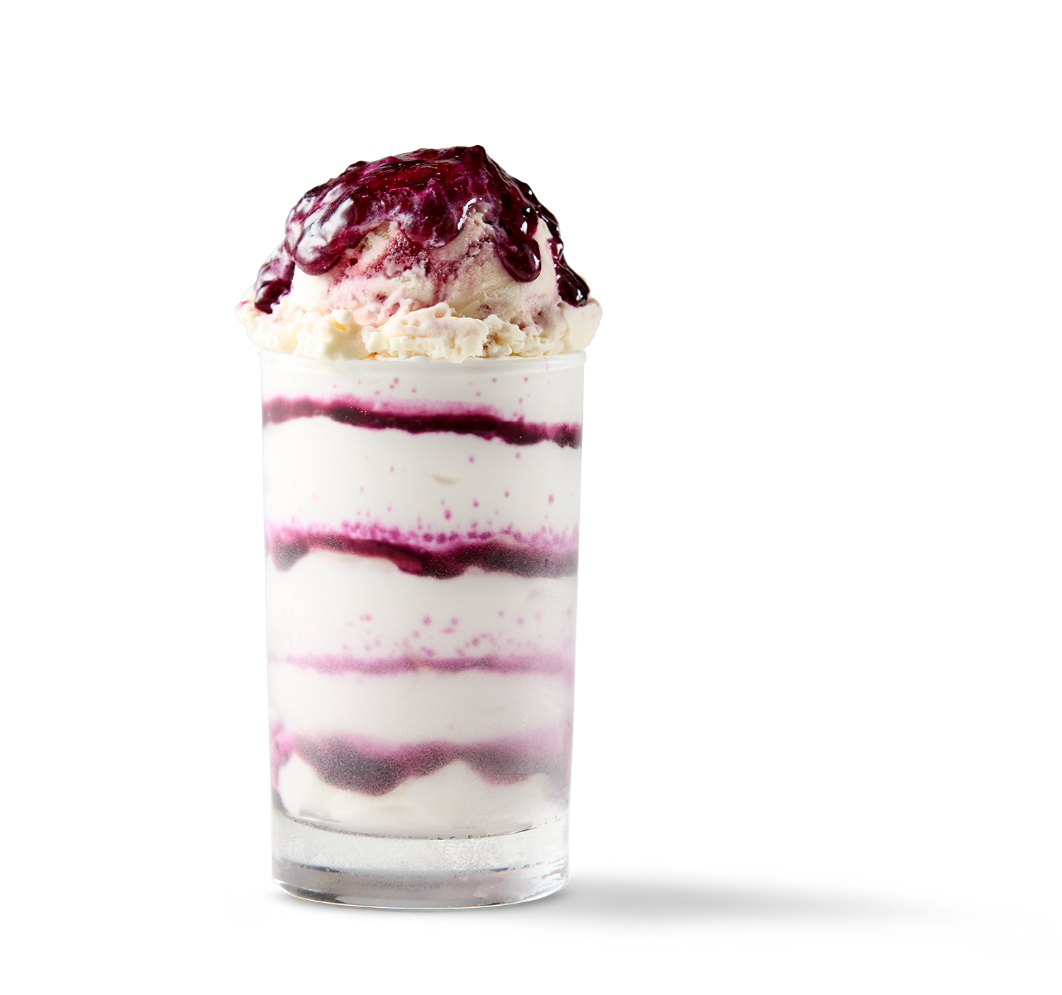 A glass of layered ice cream with cherry topping and cherry syrup on top