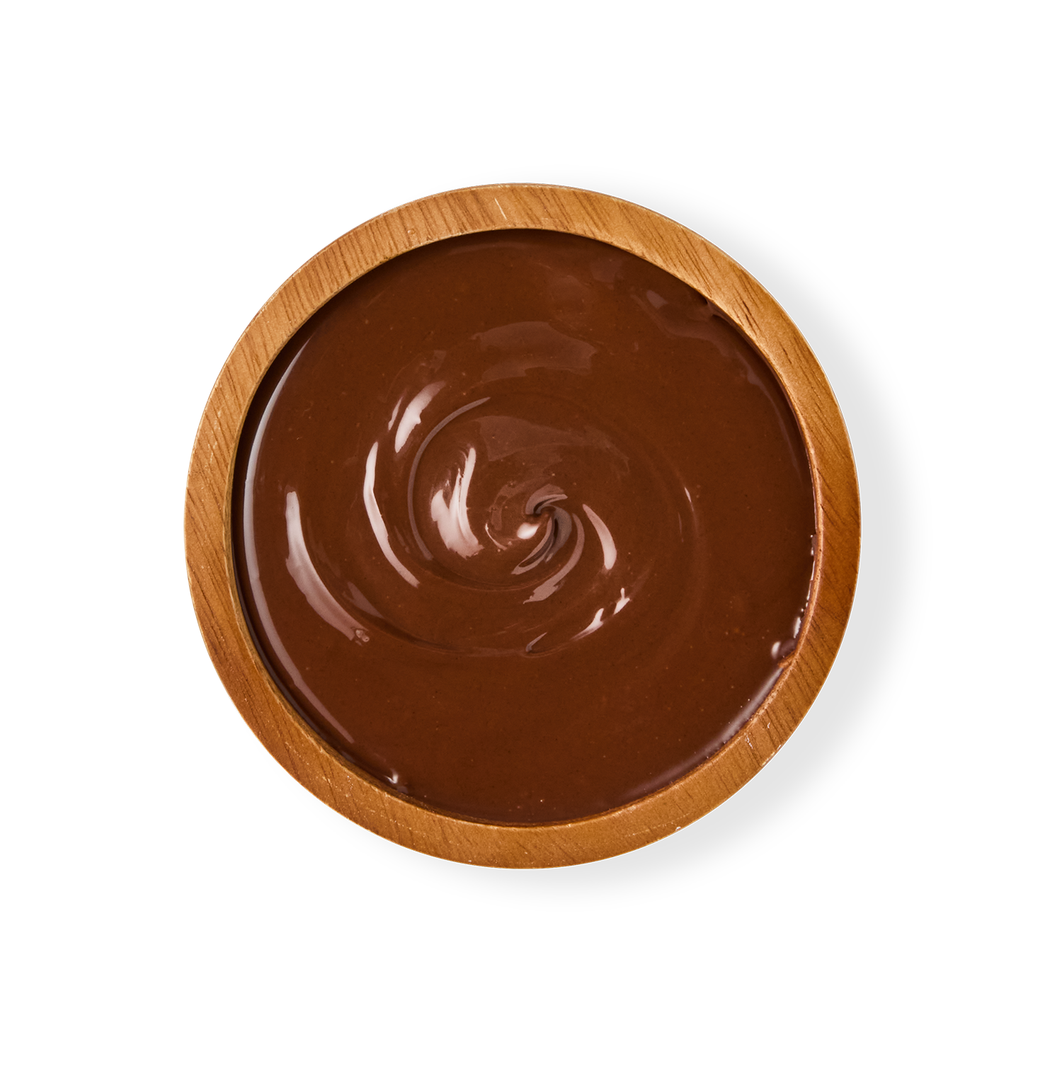 A round wooden bowl filled with smooth, liquid milk chocolate.