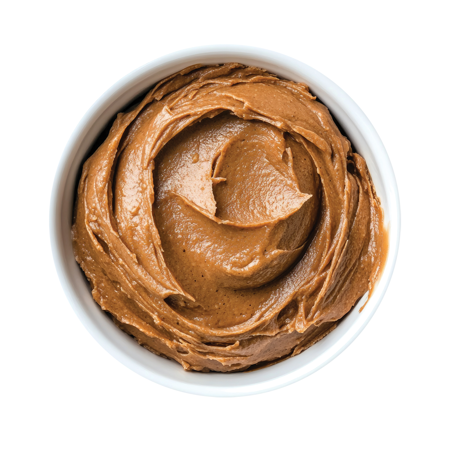 A white bowl filled with creamy peanut butter swirled into a spiral pattern.