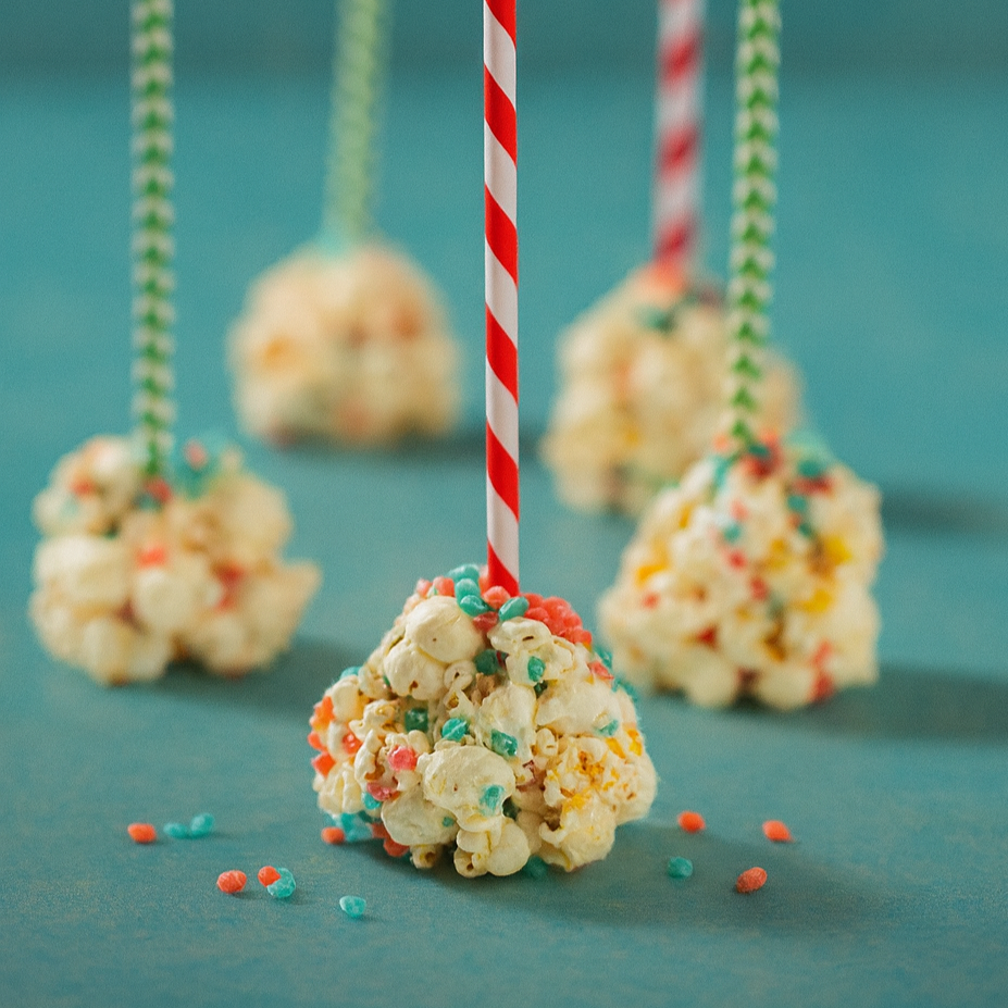 Popcorn balls with colorful sprinkles skewered on striped paper straws, arranged on a teal surface.