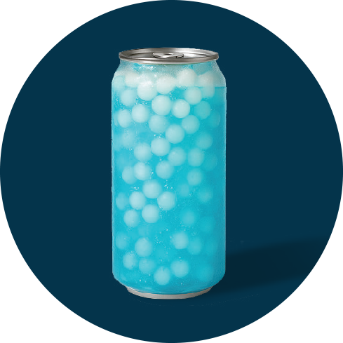 A silver can of blue bubblegum-flavored soda with white bubbles on the label, against a dark background.