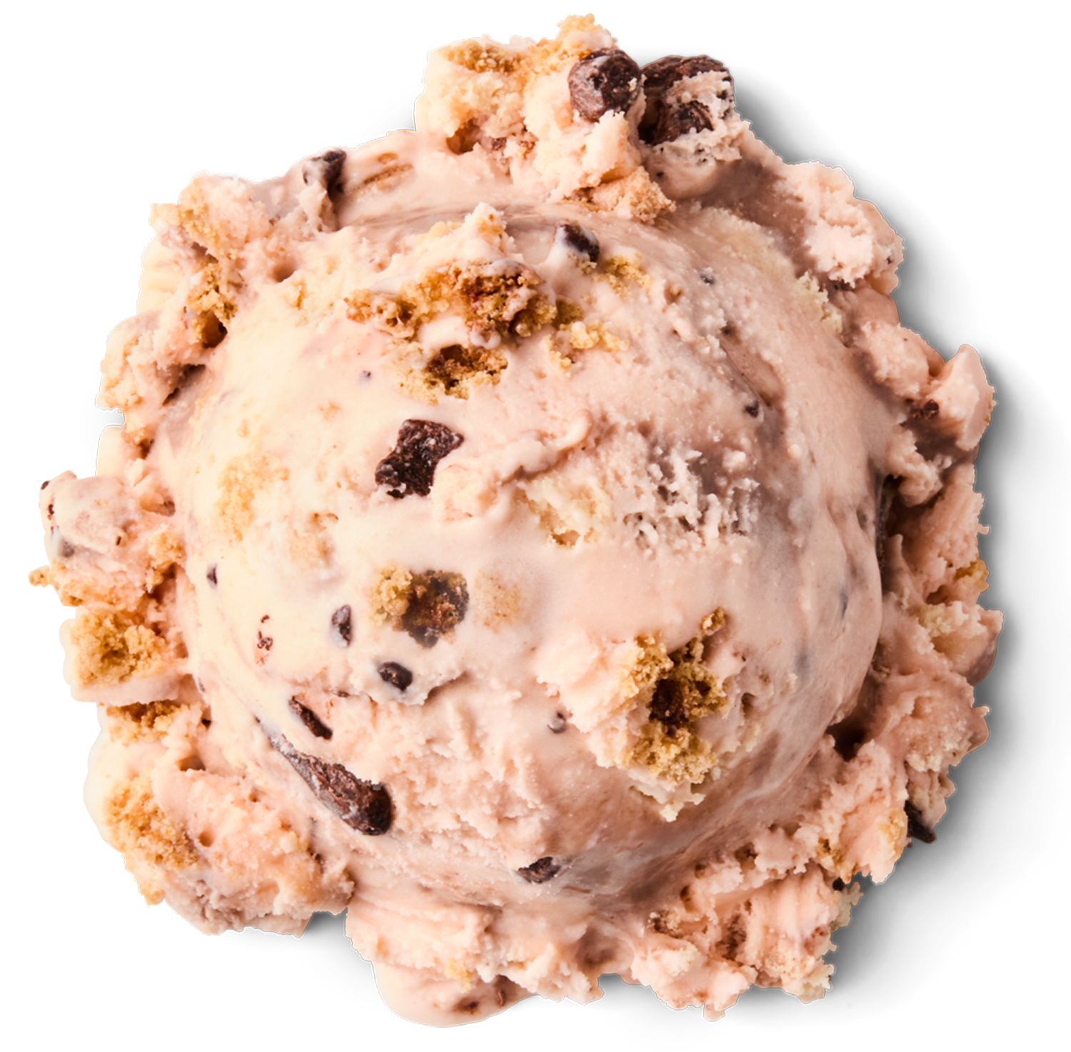 A scoop of cookies and cream ice cream with cookie pieces.