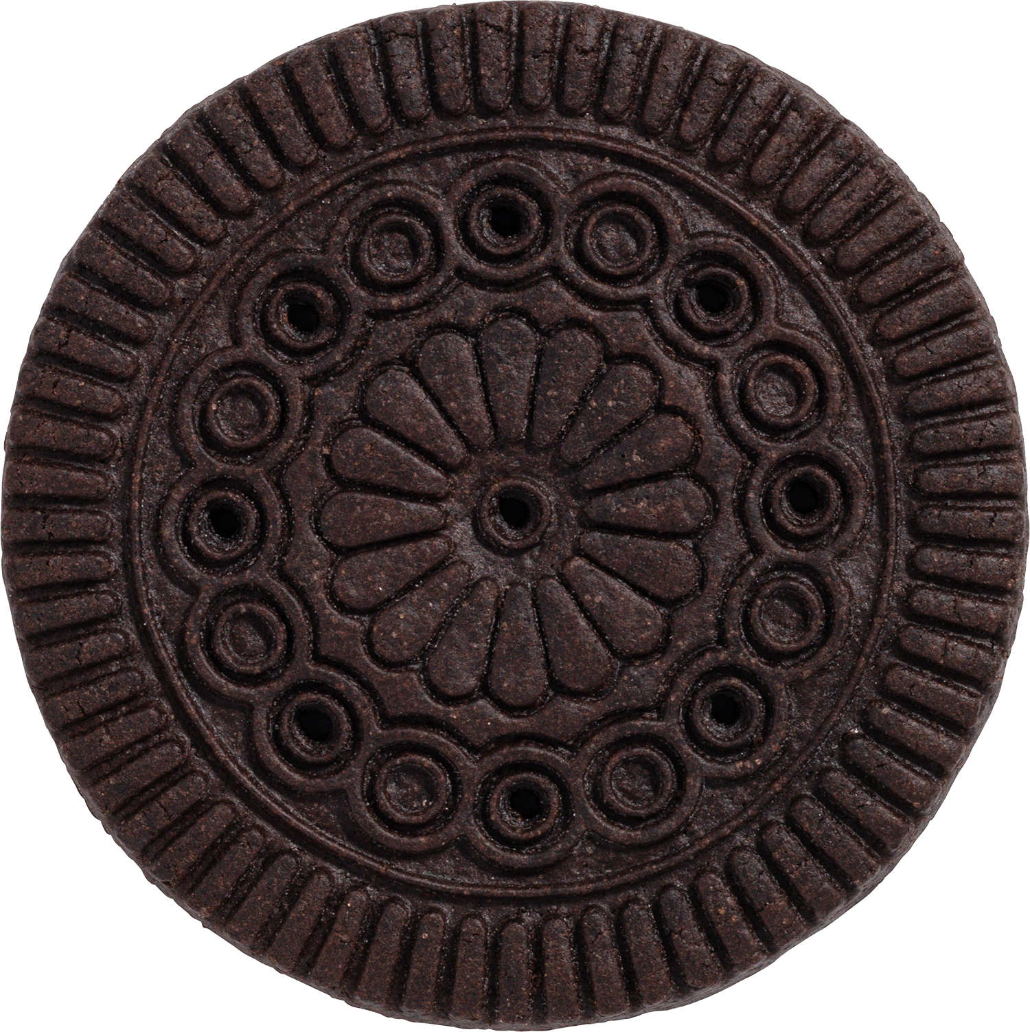 Close-up of a dark chocolate sandwich biscuit with intricate floral and geometric patterns on top.