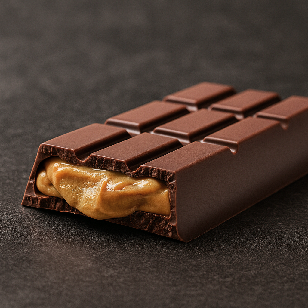 Close-up of a chocolate bar filled with caramel on a dark surface.