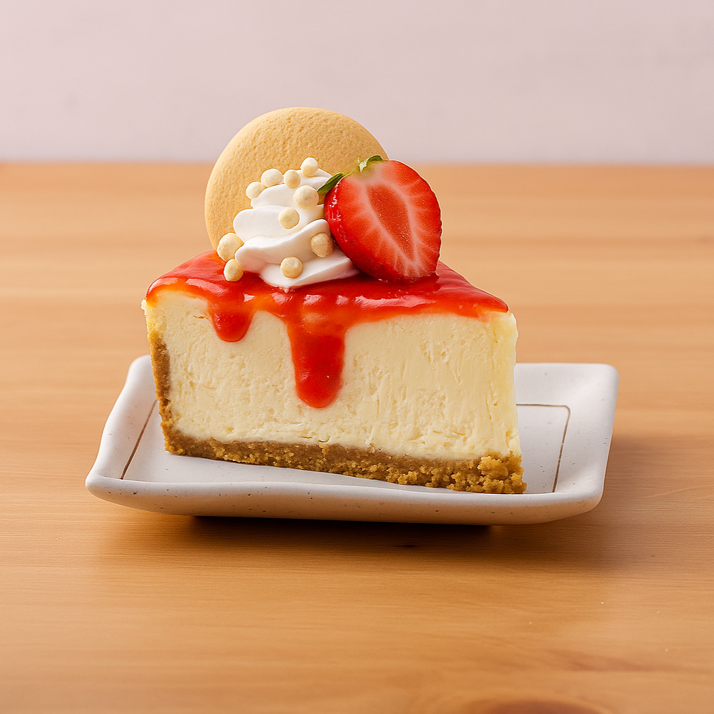 A slice of cheesecake with strawberry topping, whipped cream, a strawberry half, a round cookie, and white chocolate sprinkles on a white dish.