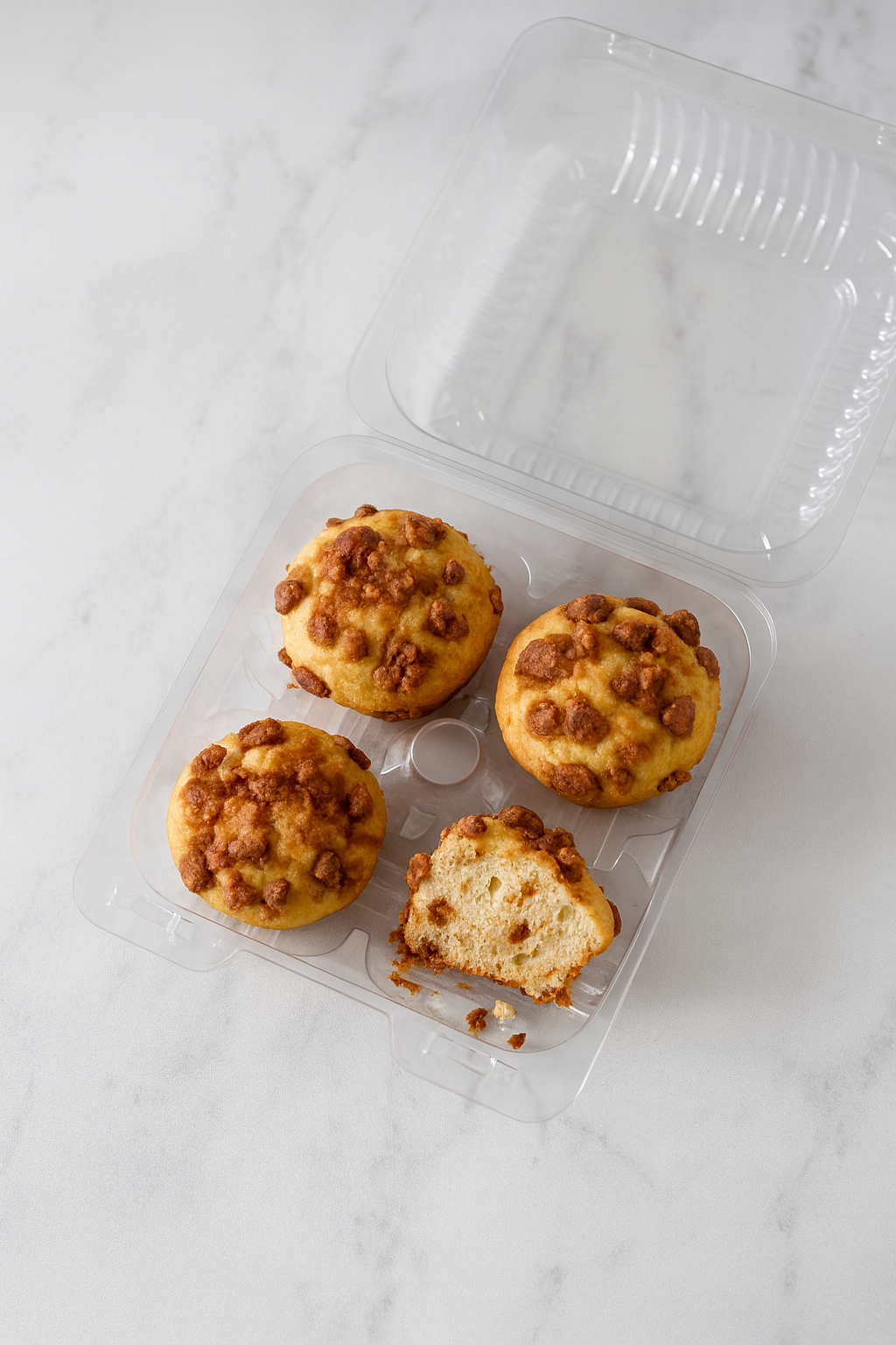 Three muffin-sized baked goods with a crumbly top, one cut in half showing a spongy interior, in a clear plastic container with a hinged lid.