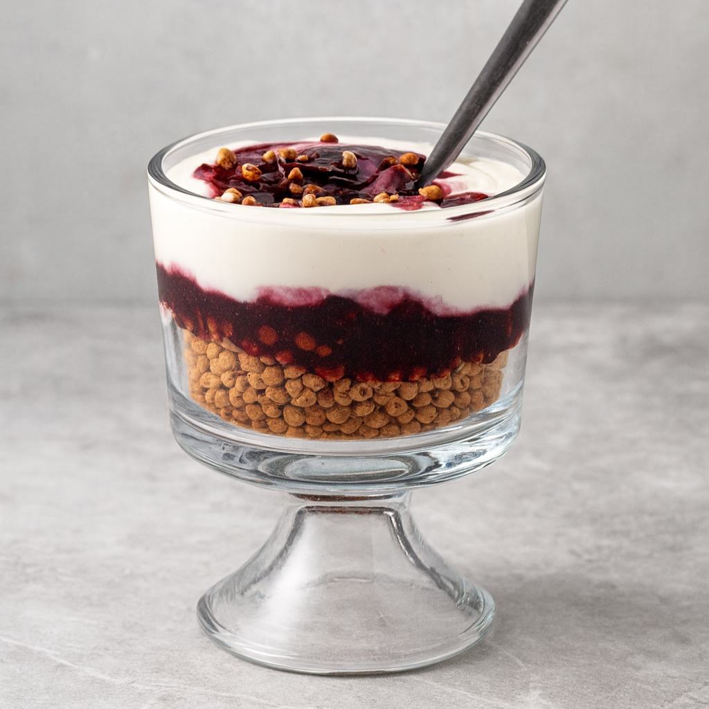 Layered dessert in a glass bowl with granola, berry sauce, and yogurt, topped with berry sauce and sprinkled with crunch toppings