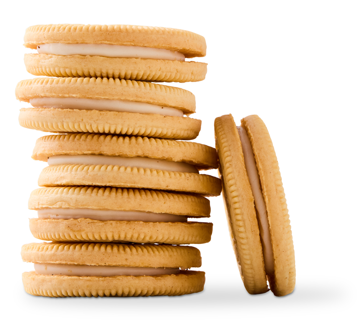 Stack of several sandwich cookies with cream filling, with one cookie leaning against the stack.
