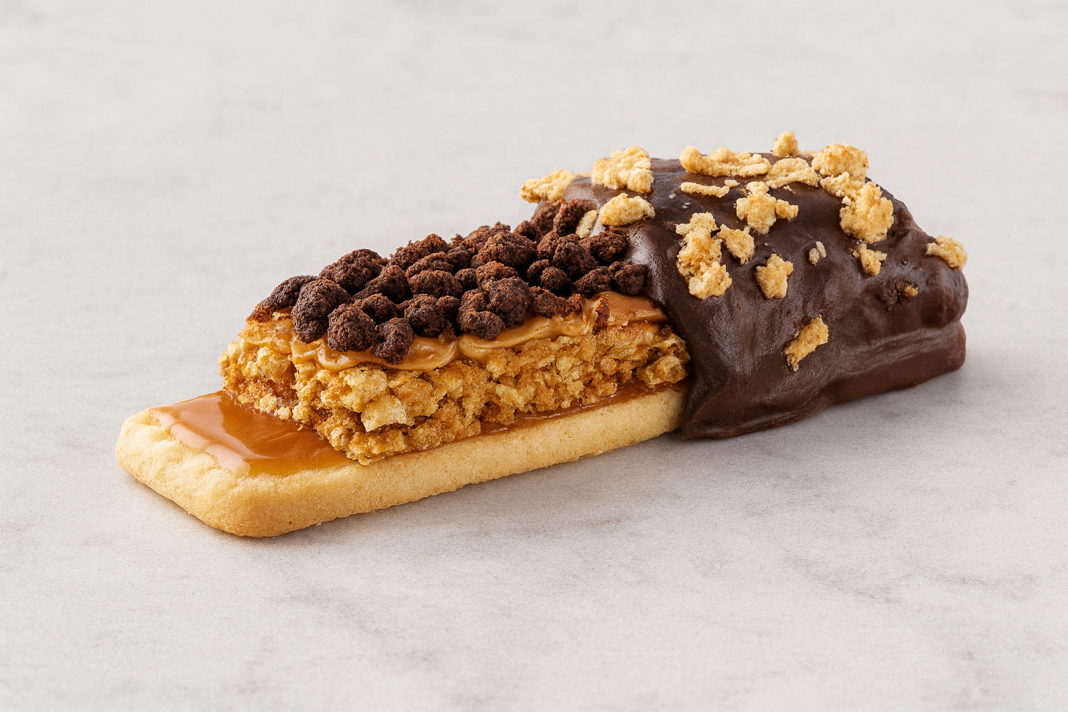 An ice cream sandwich with a cookie exterior, caramel and a cookie crumb-covered chocolate layer.