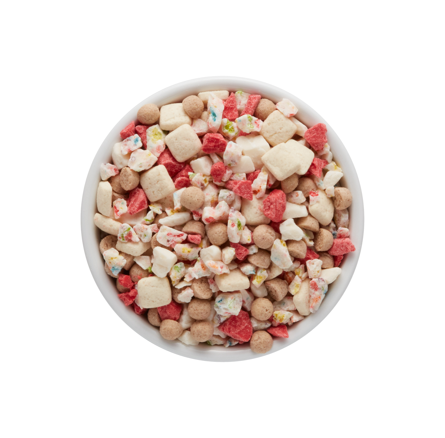 A white bowl filled with colorful cereal pieces including small squares, round balls, and broken fragments in shades of red, white, beige, and multicolored.