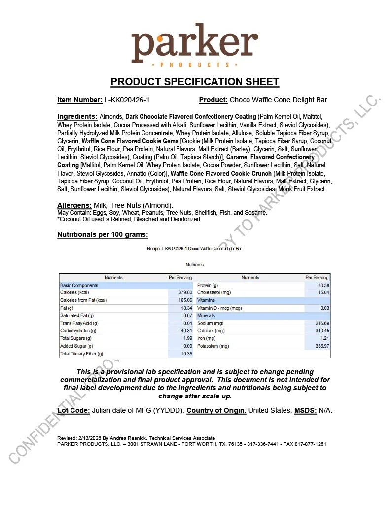 Product specification sheet for Parker Products Choco Waffle Cone Delight Bar, listing ingredients, allergens, and nutritional information.