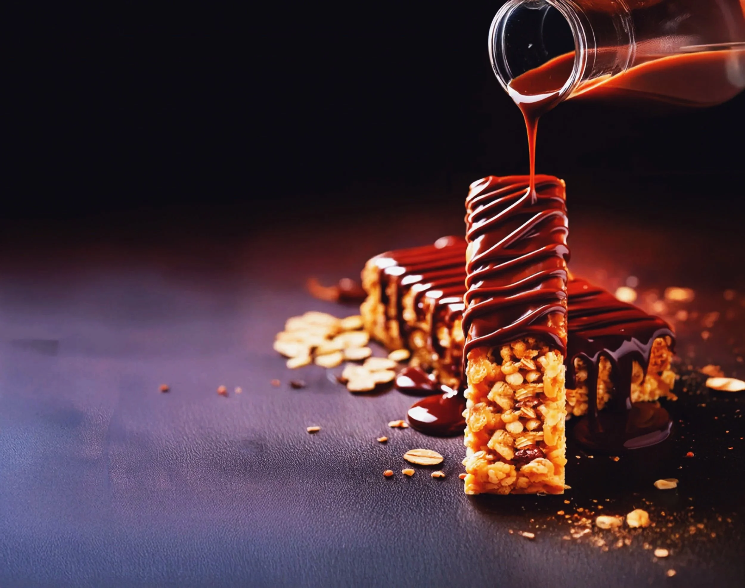 Chocolate and oat granola bars with chocolate drizzle, being topped with chocolate syrup from a glass container on a dark surface. Some oats and crumbs scattered around.