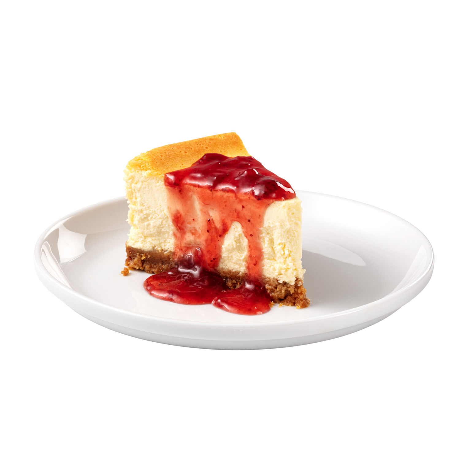 Slice of cheesecake on a white plate with strawberry topping
