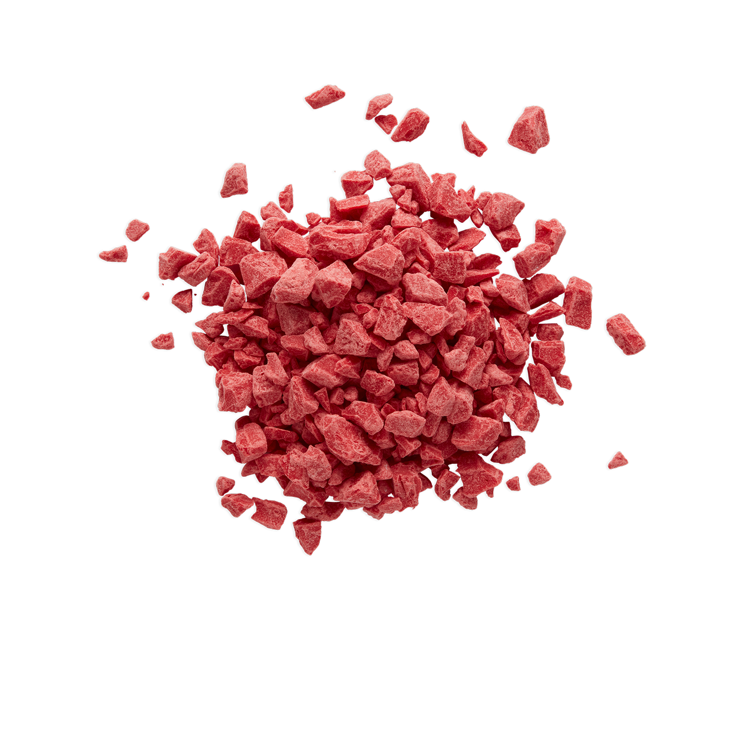 Pink rock salt crystals scattered in a pile on a black background.