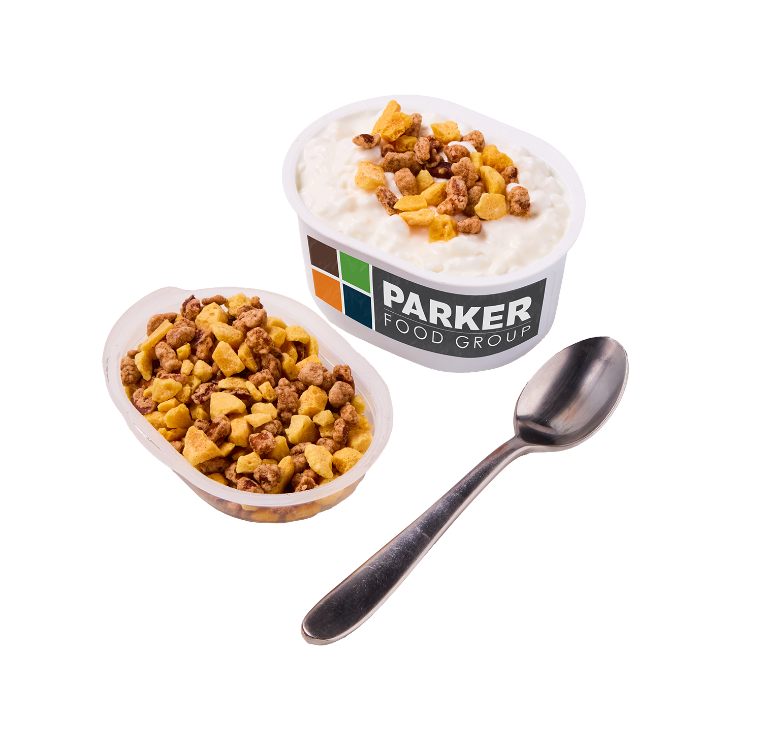 Two containers of cottage cheese with colorful topping, a metal spoon, and a white background.