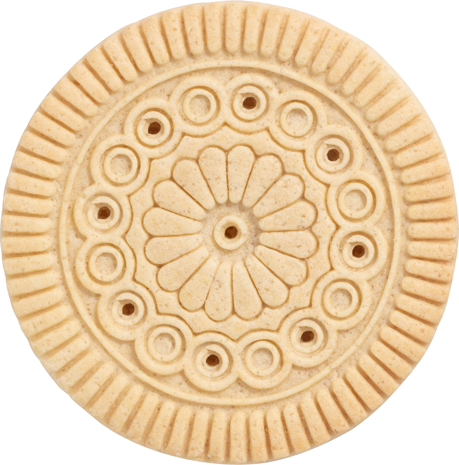 Close-up of a round, decorative biscuit with intricate floral and geometric patterns.