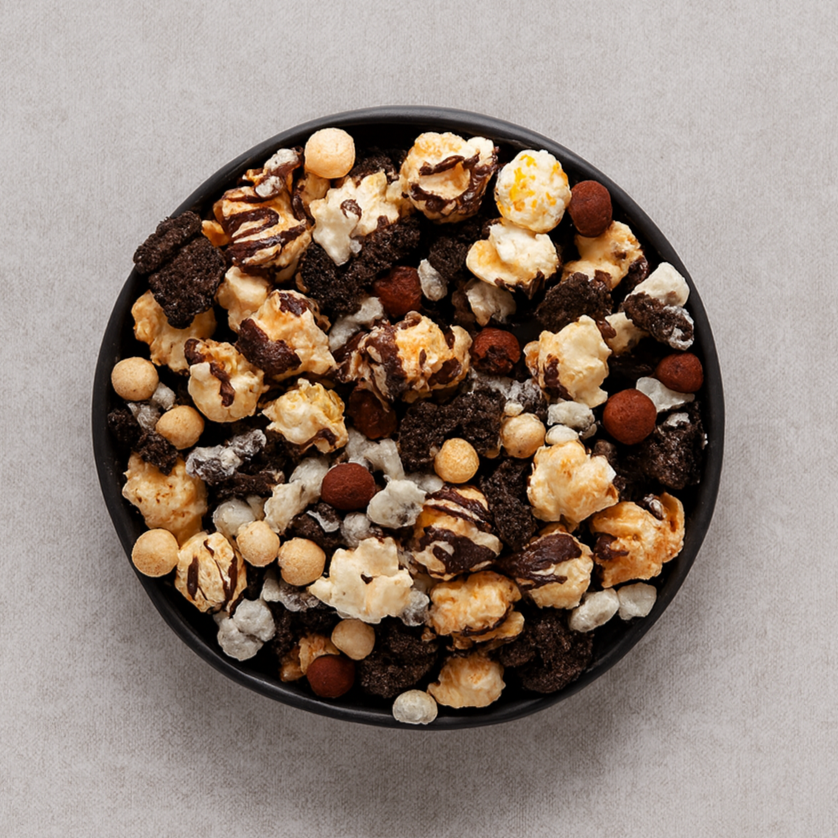 A bowl of mixed popcorn with chocolate drizzles, caramel, and various toppings.