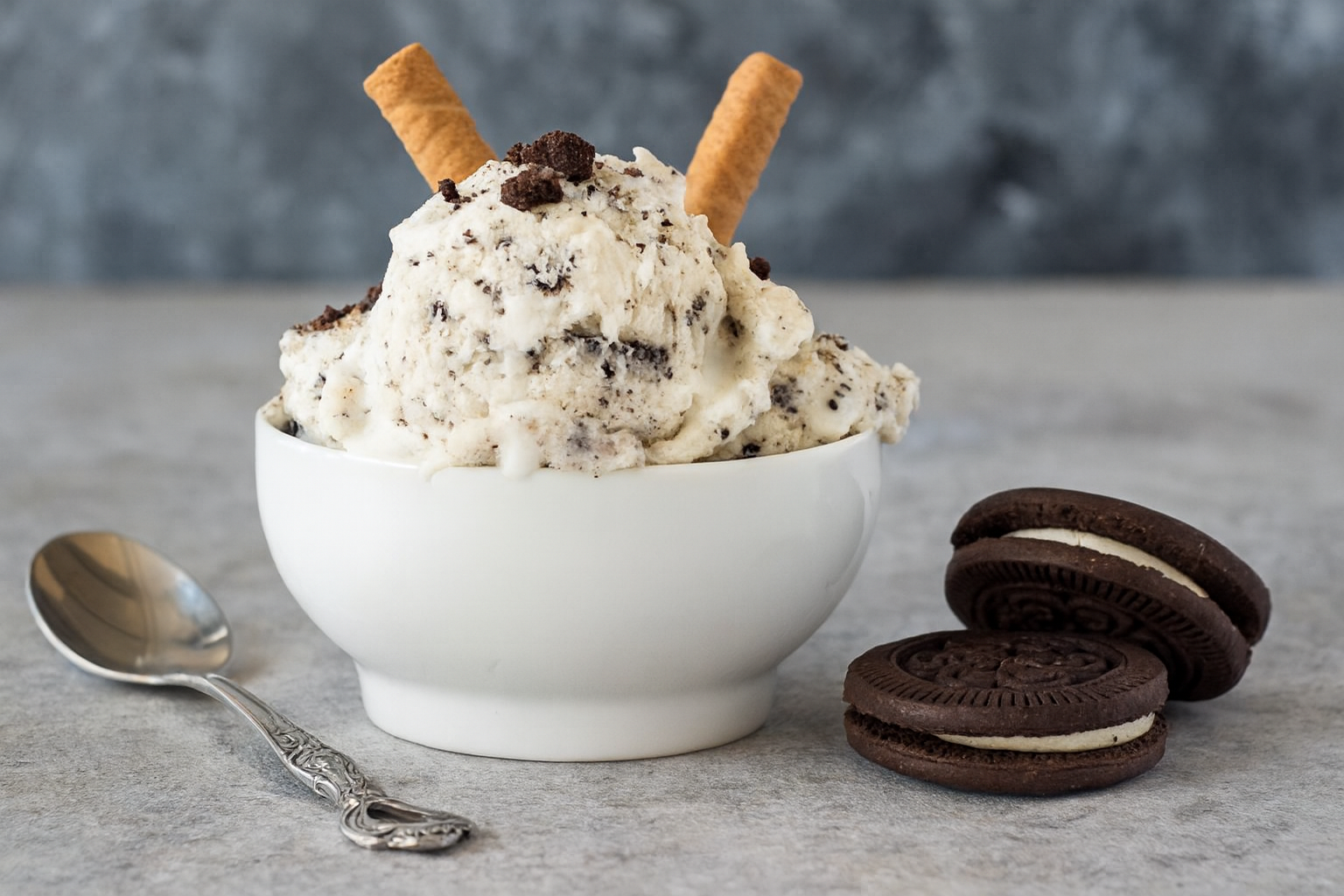 A bowl of cookies and cream ice cream with Oreos and wafer rolls, placed on a gray surface beside a spoon and two Oreo cookies.