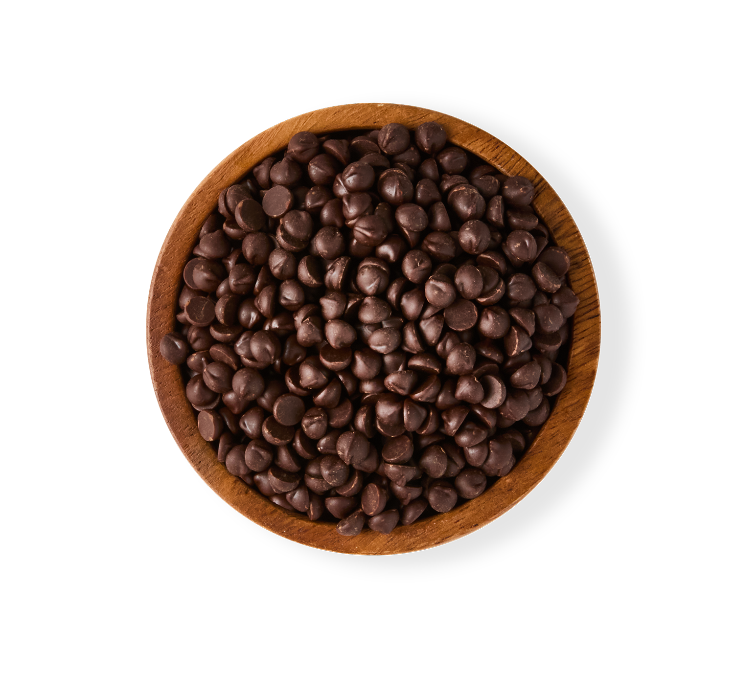 A round wooden bowl filled with Dark Chololate Mini Chips