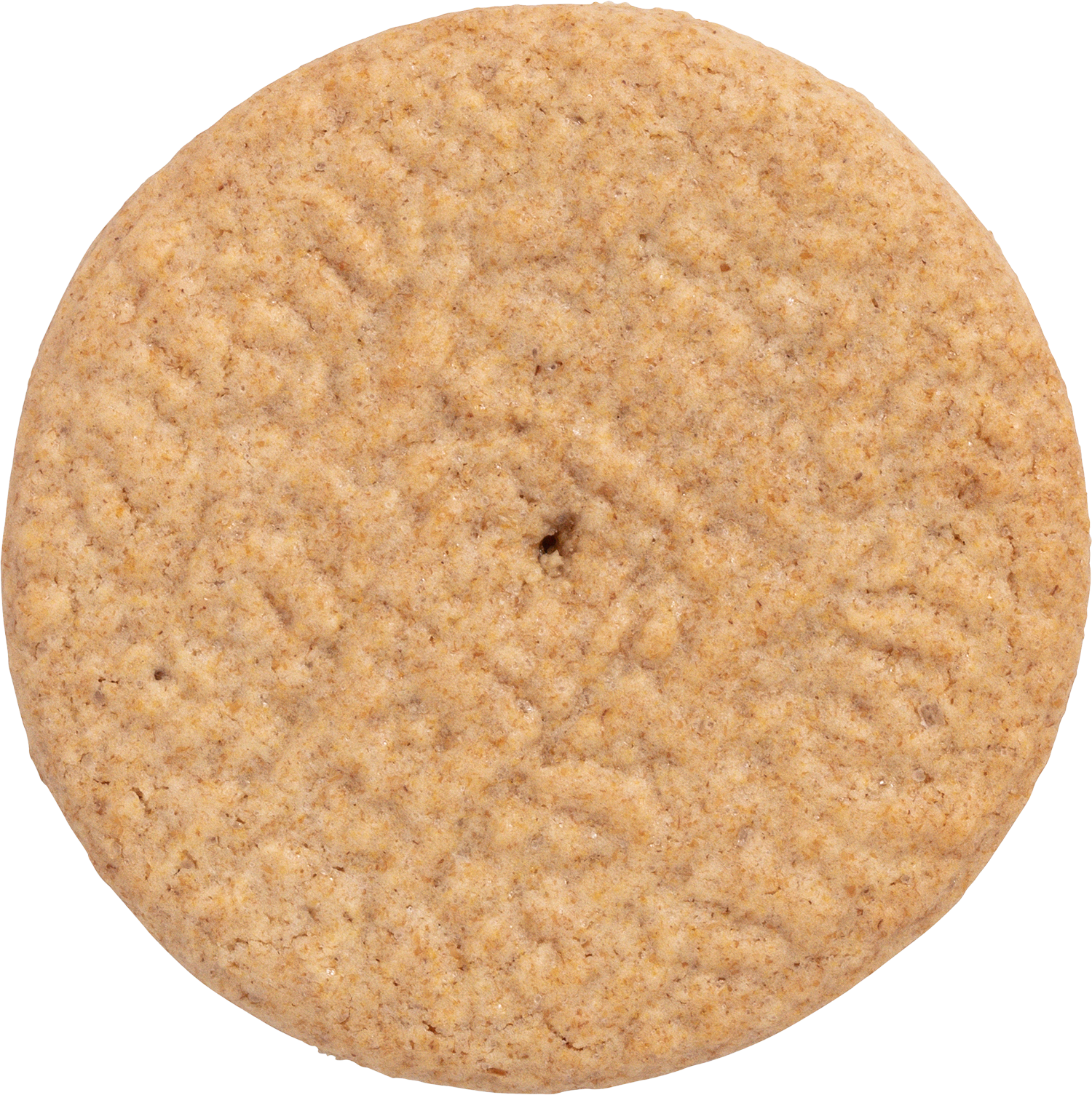 A round, beige-colored cookie with a textured surface and a small center hole.