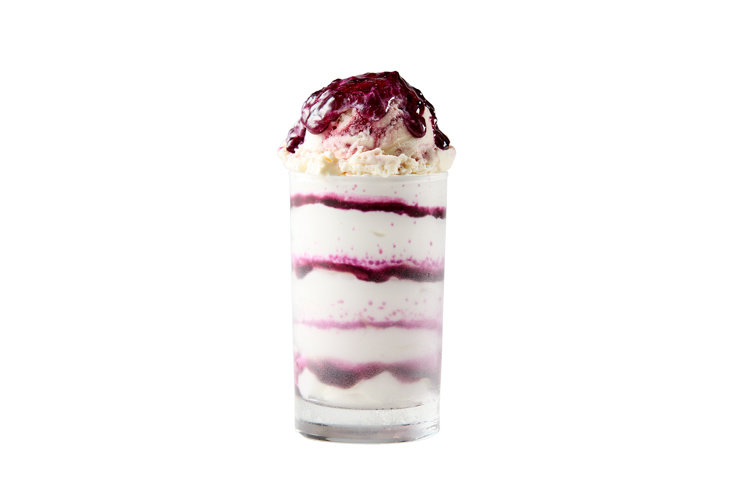 A tall glass of layered ice cream sundae with vanilla ice cream, berry syrup, and a scoop of ice cream topped with berry sauce.