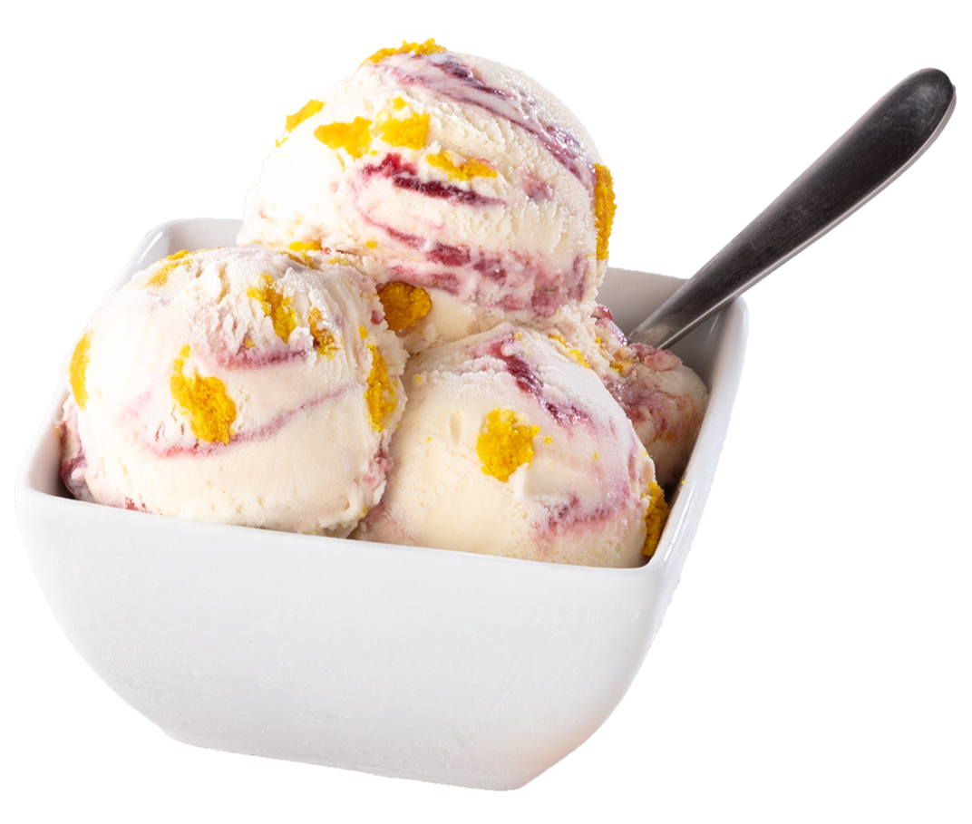 Bowl of three scoops of vanilla ice cream with red streaks and yellow crumbles, with a spoon in the bowl