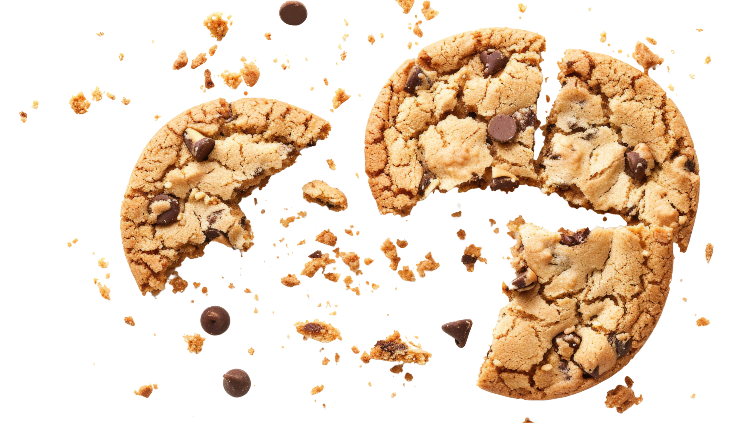 Close-up of two chocolate chip cookies, one whole and one broken in half with cookie crumbs and chocolate chips visible.
