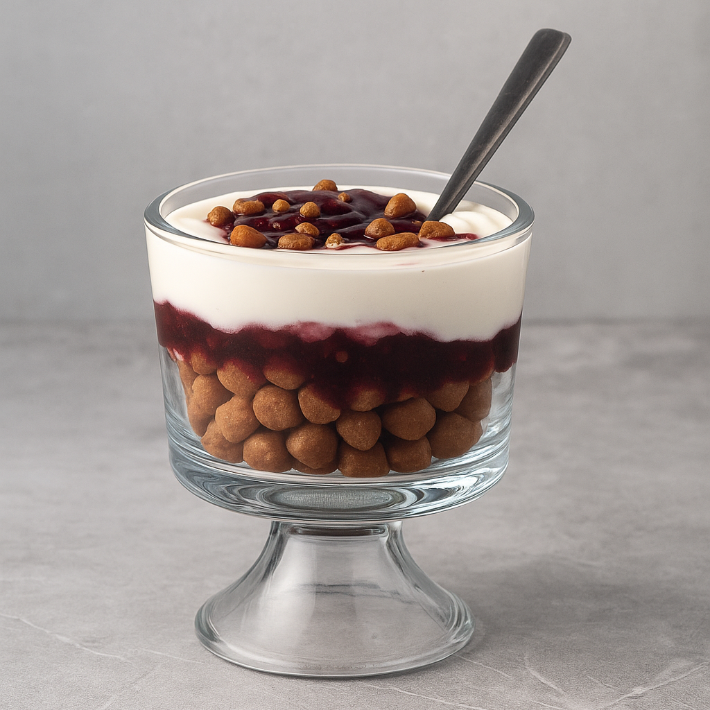A glass dessert cup filled with layered sweet dish containing chocolate pearls, berry jam, yogurt or cream, and topped with small edible nuts, with a spoon inside.