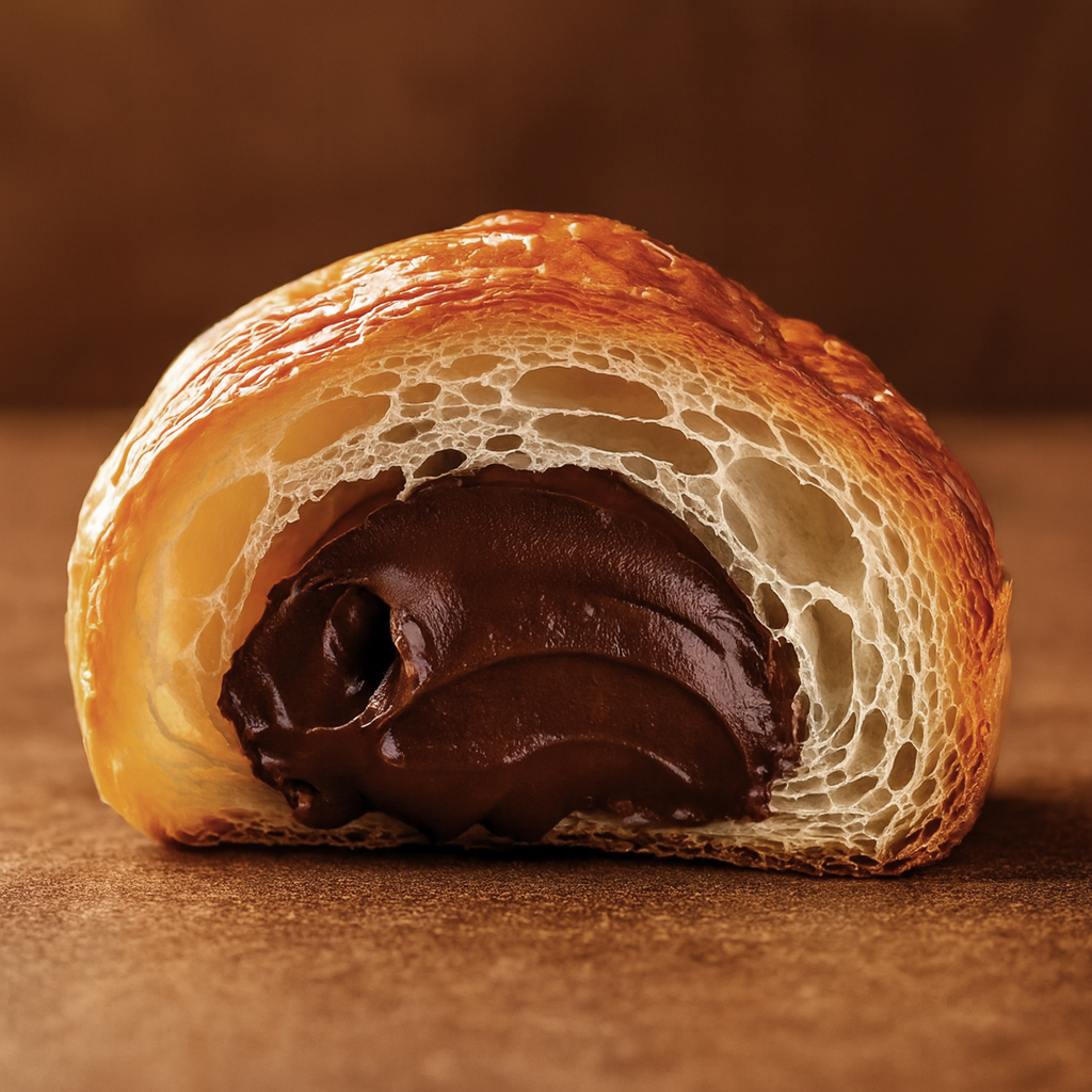 Close-up of a chocolate Danish pastry with a flaky, golden-brown crust and rich chocolate filling.