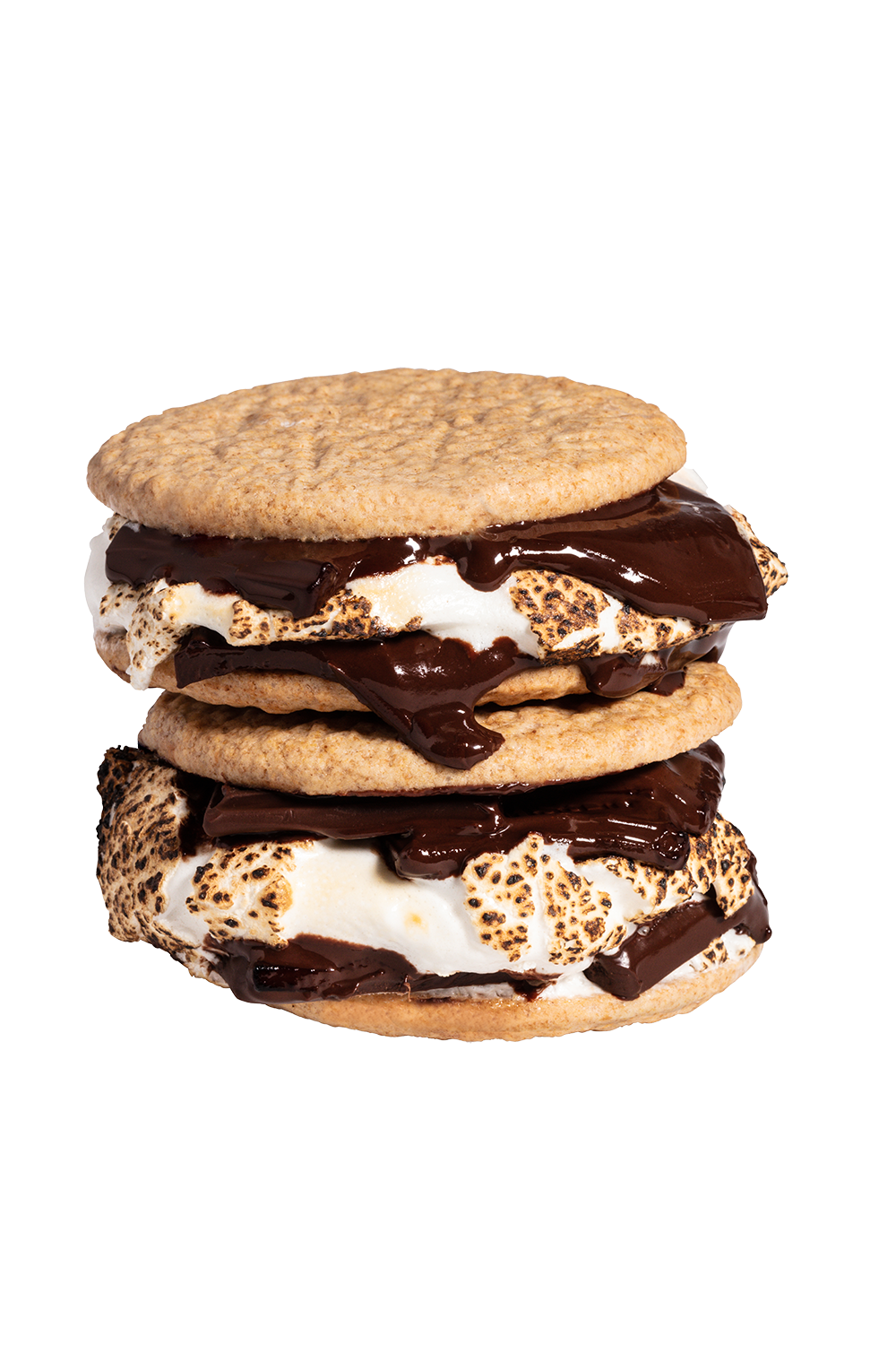A stack of three s'mores with graham crackers, roasted marshmallows, and melted chocolate.