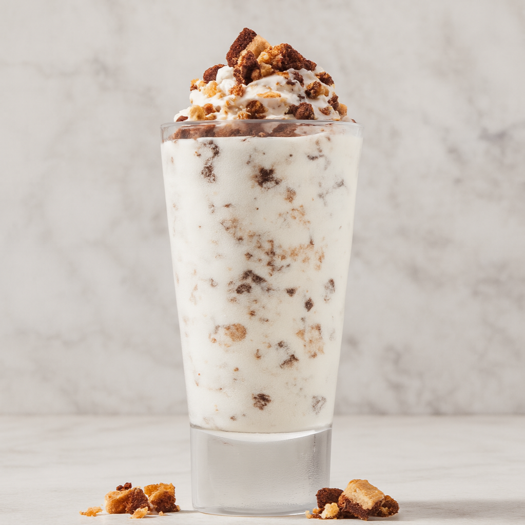 A tall glass of cookies and cream milkshake topped with whipped cream, crumbled cookies, and pieces of cookies, with some crumbs on the surface and around the base.