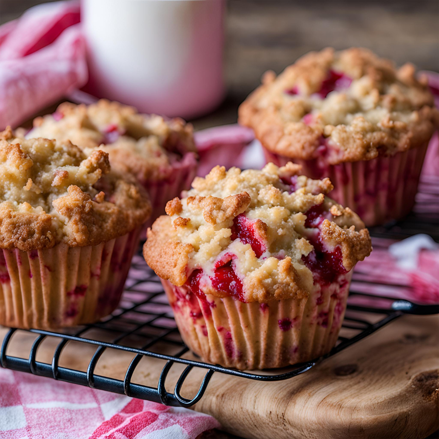 Four cherry crumb muffins with streusel topping on a wire cooling rack over a wooden surface, pink and white checkered cloth nearby, and a white mug in the background.